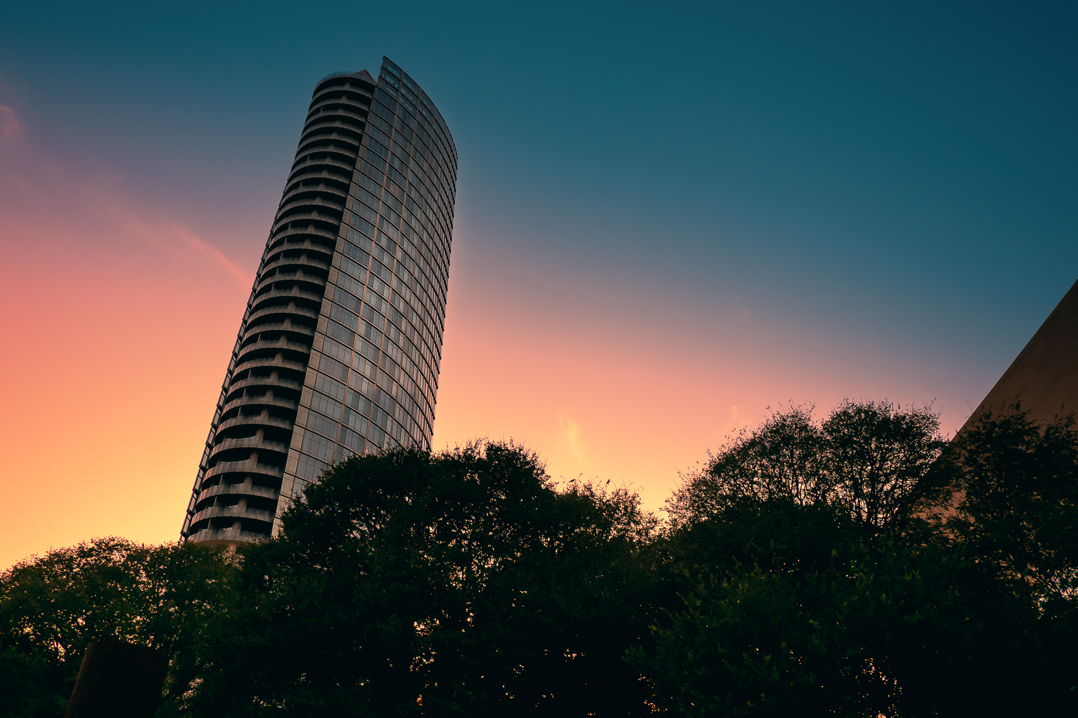 The sun sets on the Museum Tower in the Dallas Arts District, Texas.