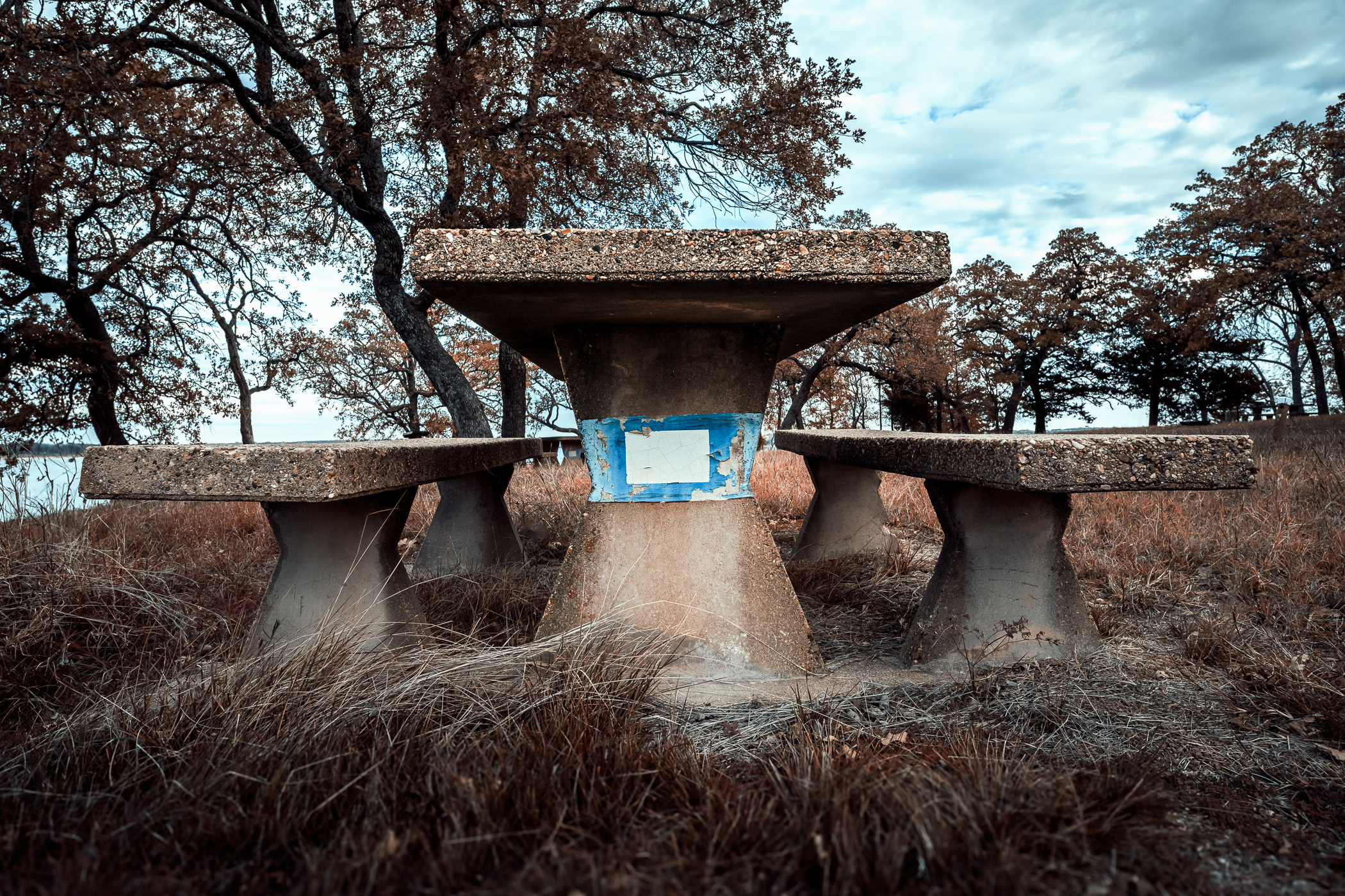 A forlorn picnic table at Juniper Point on the Texas shore of Lake Texoma.