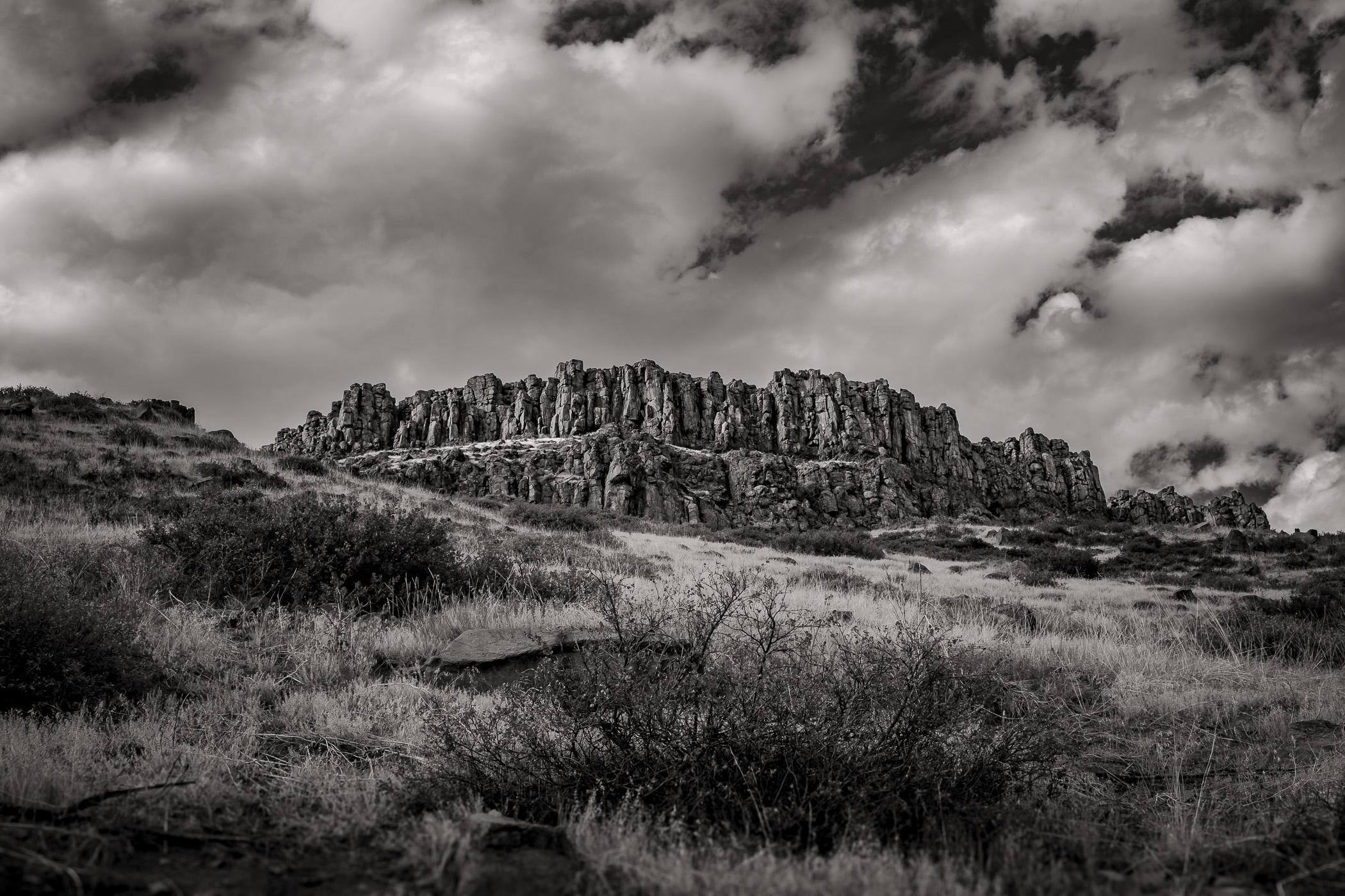 The rugged, rocky peak of North Table Mountain in Golden, Colorado.