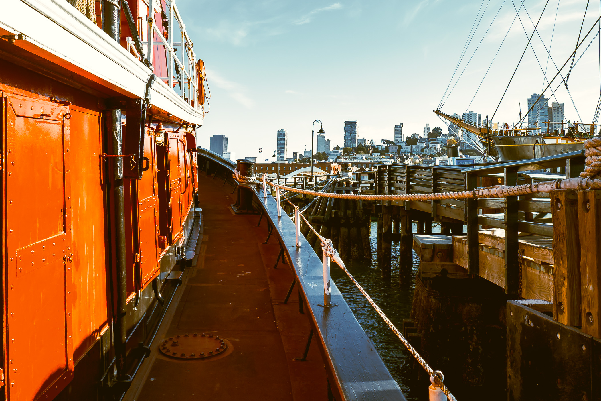 Part of the San Francisco skyline as seen from the deck of the tugboat Hercules at the San Francisco Maritime National Historical Park.
