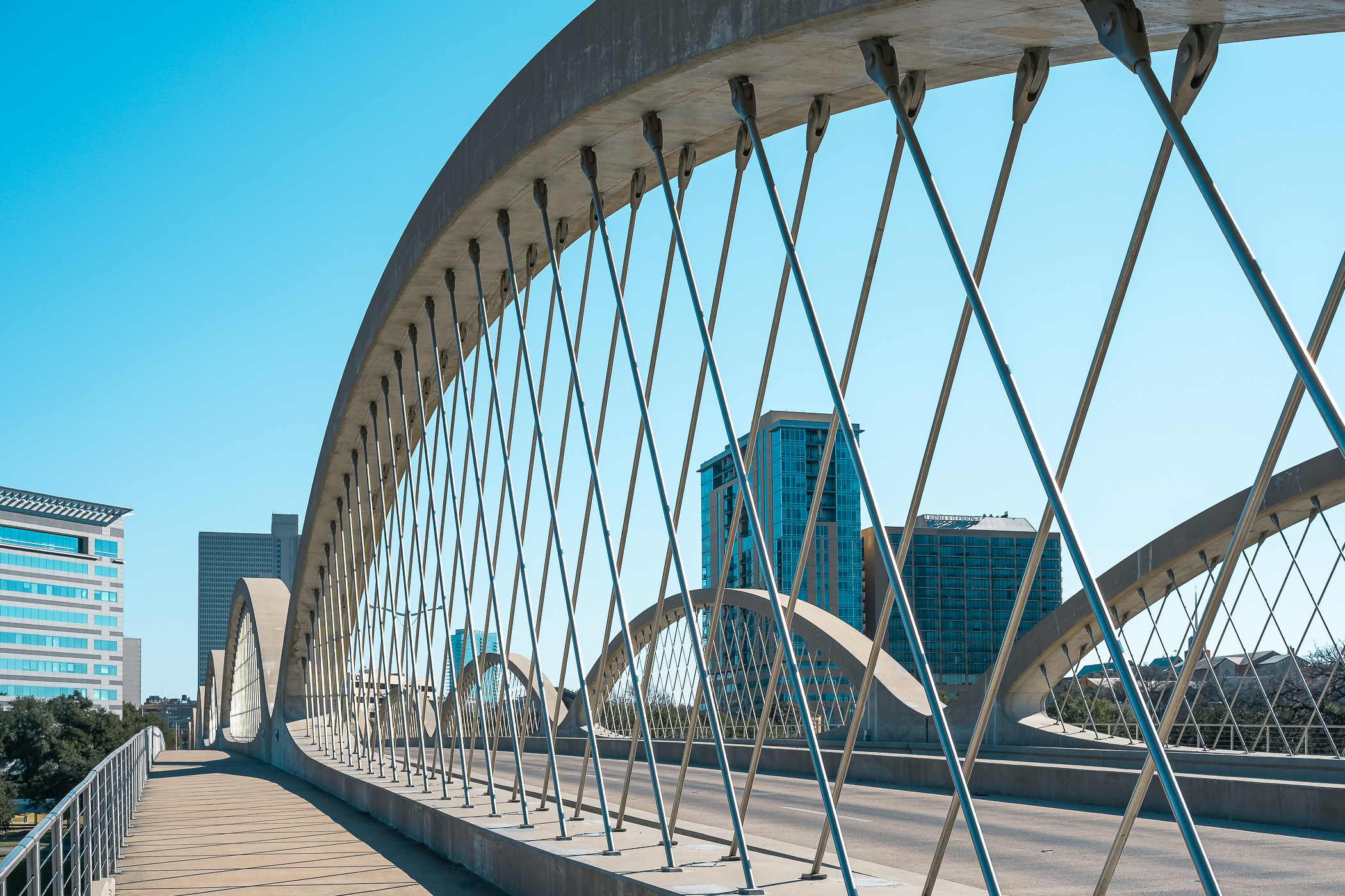 Fort Worth, Texas' West Seventh Street Bridge stretches towards the city's downtown.