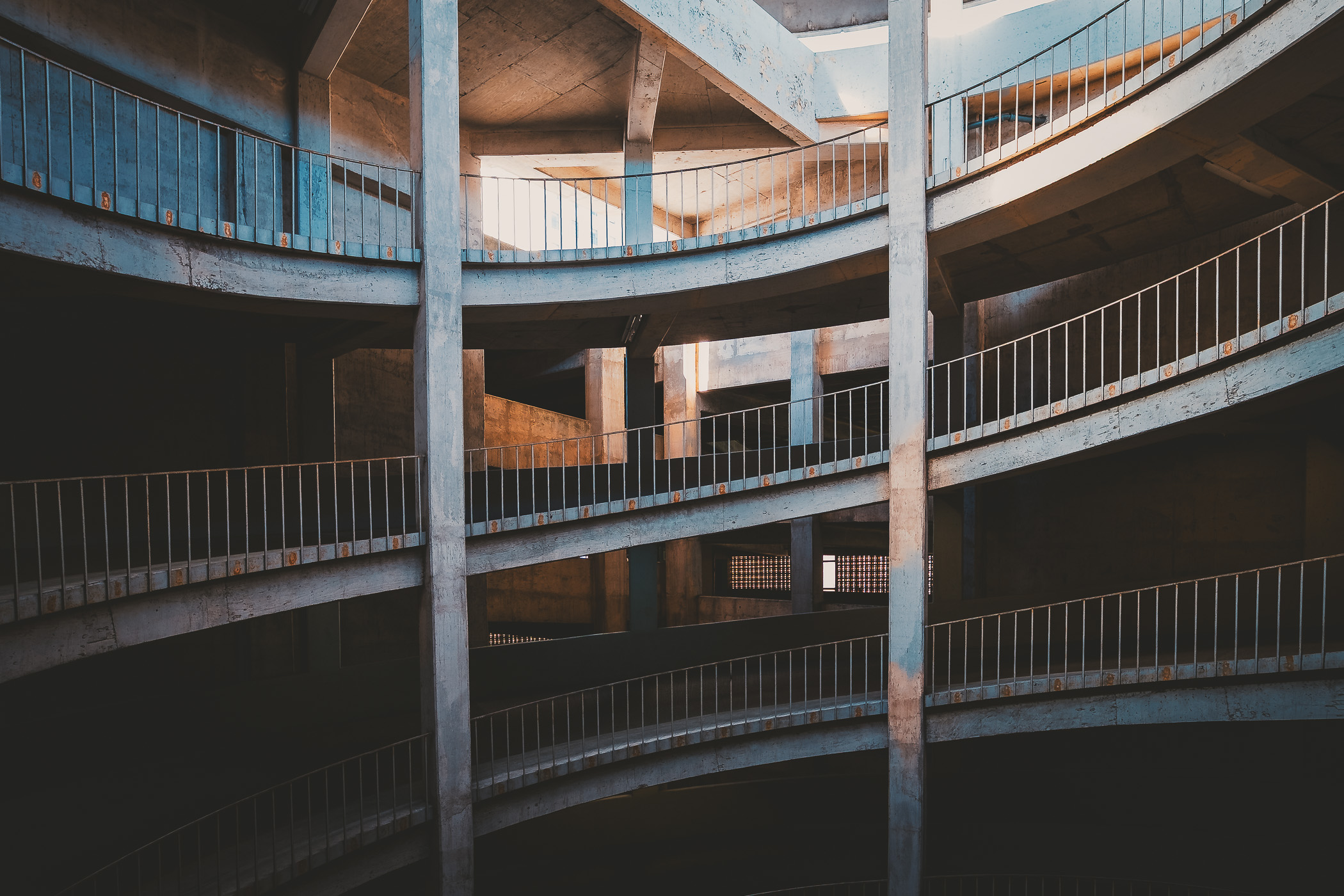 Detail of the spiral ramp at Downtown Dallas' historic DalPark garage.